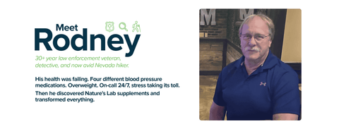 Person wearing a blue shirt with text about a 30-year law enforcement veteran who discovered Nature's Lab supplements.