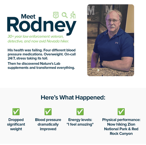 Advertisement featuring a man named Rodney with text about his transformation using Nature's Lab supplements.