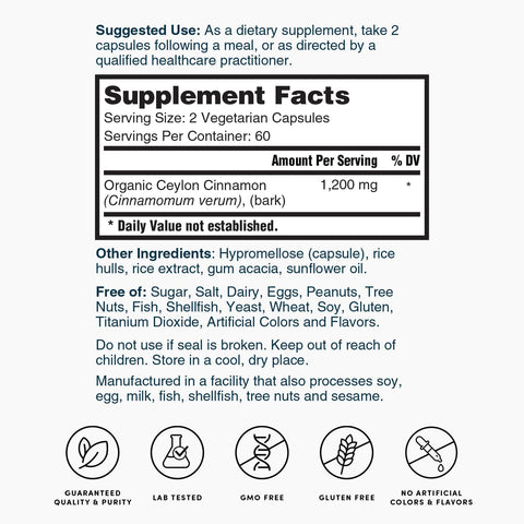 Ceylon Cinnamon 120ct ZNLB17996 L-Rev001 Supplement Facts
