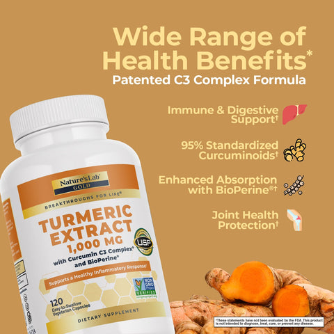 Nature's Lab Gold Turmeric Extract with Curcumin C3 Complex and BioPerine  - 120 Capsules