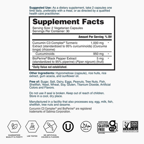 Turmeric Extract Curcumin BioPerine 60ct ZNLB13738 Supplement Facts