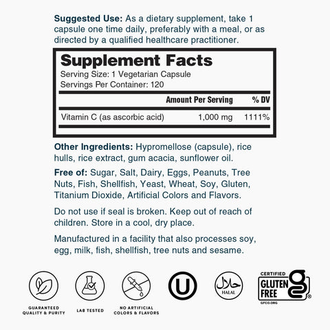 Vitamin C 1000mg 120ct ZNLB17910 Supplement Facts
