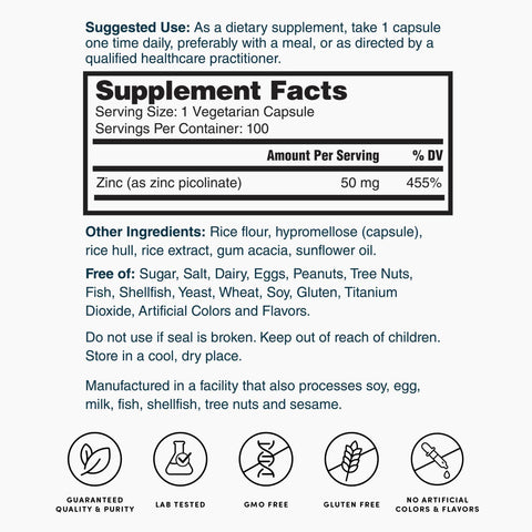 Zinc Picolinate 100ct ZNLB17958 Supplement Facts