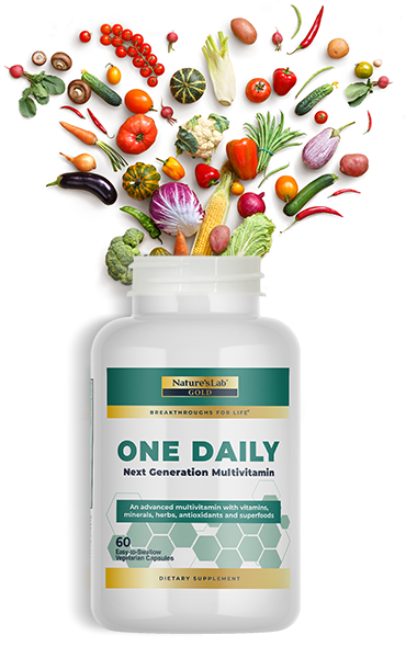 One Daily Multivitamin with fruits and vegetables flowing from bottle opening