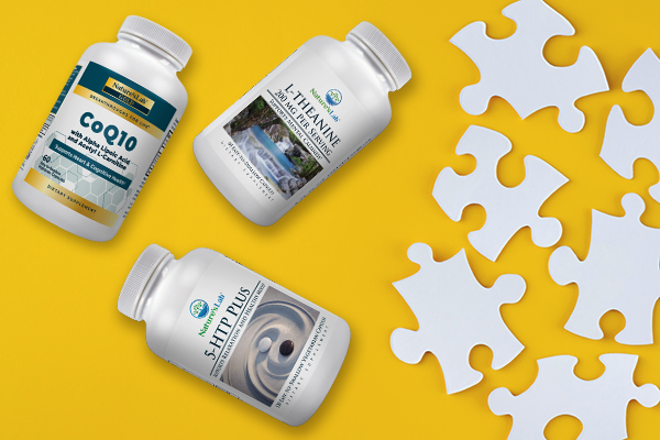 CoQ10, 5-HTP, Ginkgo biloba bottles on white and yellow background