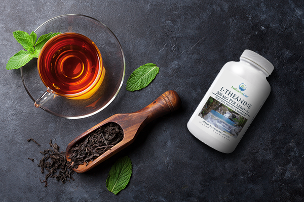 l-theanine supplement on gray background with tea leaves and cup of tea